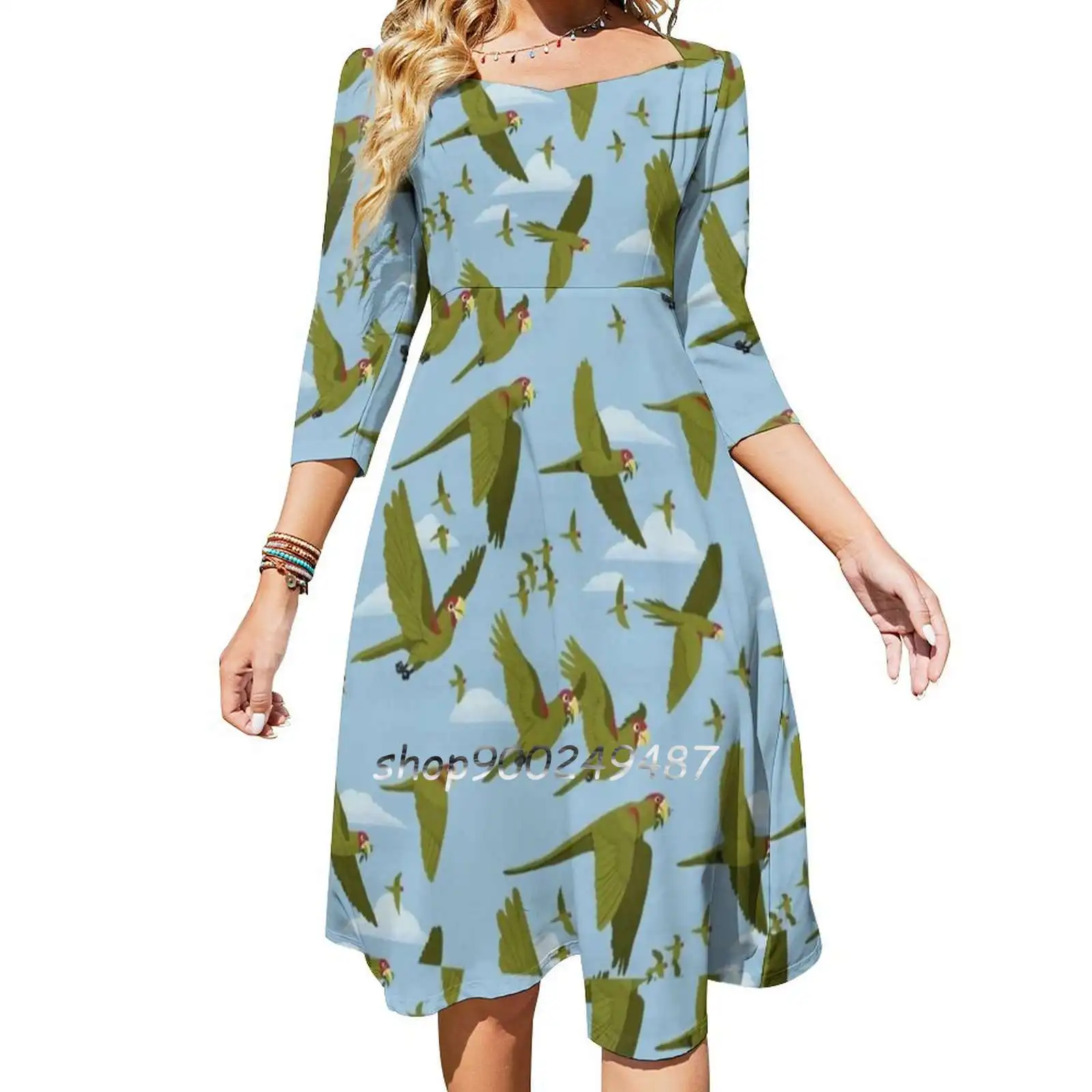 Parakeet Migration Dresses For Women A-Line Korea Style Slim Long Sleeve Dress Parrot Bird Nature Tropical Cute San