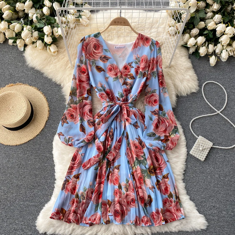

Elegant Spring Summer Dress for Women Chic V-neck Floral High Waist Female Dress 2022 Purple Chiffon Vestidos femme