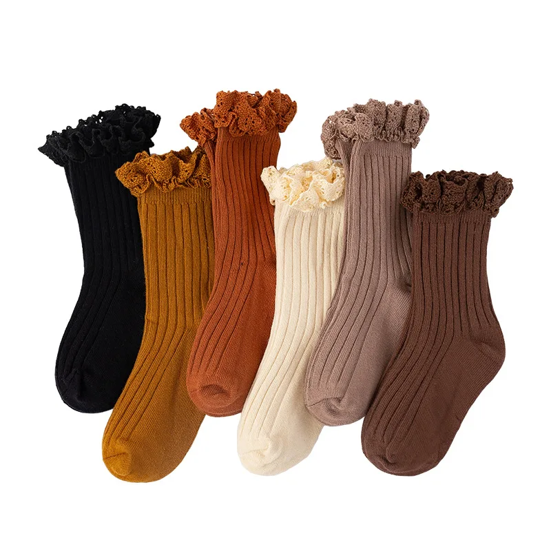 1-8 Y Autumn Winter Cotton Baby Girls Socks Solid Color Ruffle Socks Lace Socks Jacquard Hose Mid-calf Socks