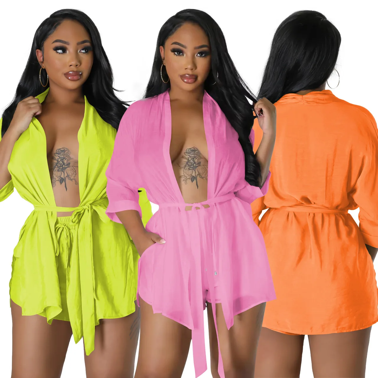 

2023 New Style Casual Cardigan Strap Two-Piece Set Women Corp Top And Sexy Solid Color 2 Piece Set