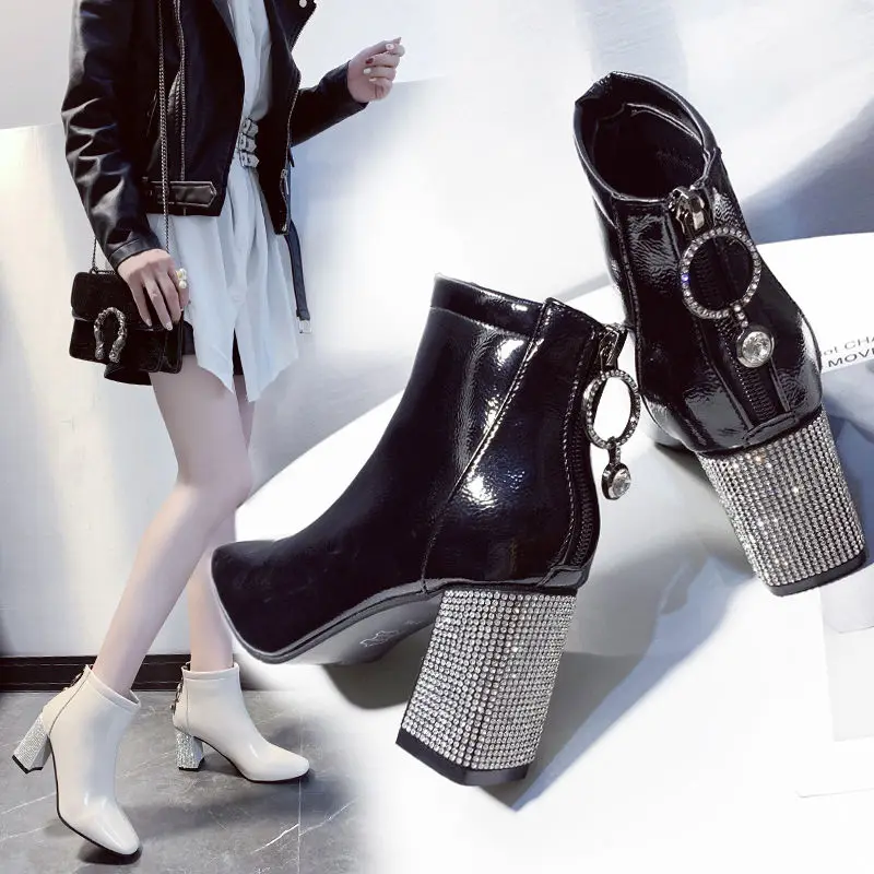 Square Toe Short Boots Woman 2020 Fall/Winter Shoes Women High Heeled Boots Rhinestone Chunky Heel Female Booties Large Size