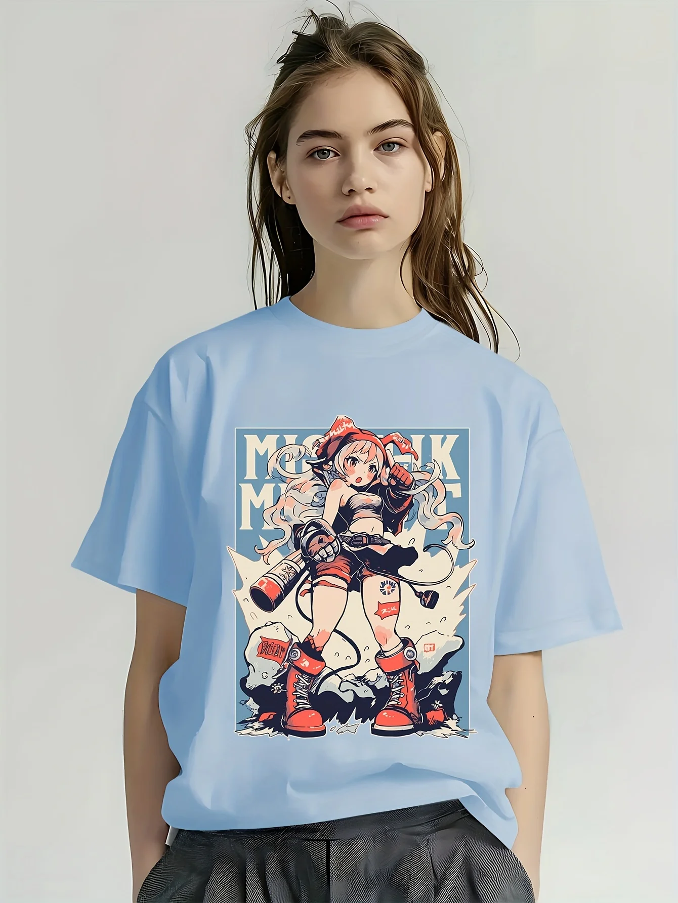 Футболка с мультяшным принтом повседневный топ коротким рукавом и круглым