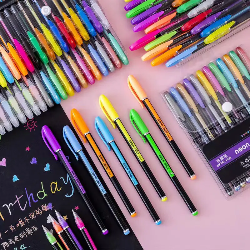 Neon Color Pen Set Glitter Metallic Fluorescence Highlighter Gel Pen 1.0mm Tip For Art Sketch Painting Drawing Kids Graffiti