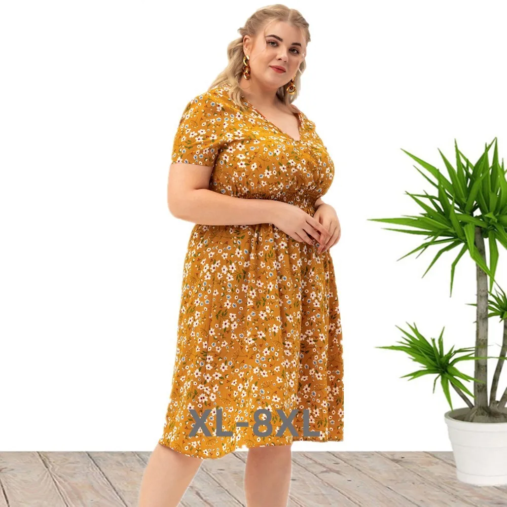 Plus Size 2023 Large Women's Summer New Short-sleeved Flower Printed Dress Xl,2xl,3xl,4xl,5xl 3xl 4xl 5xl 6xl
