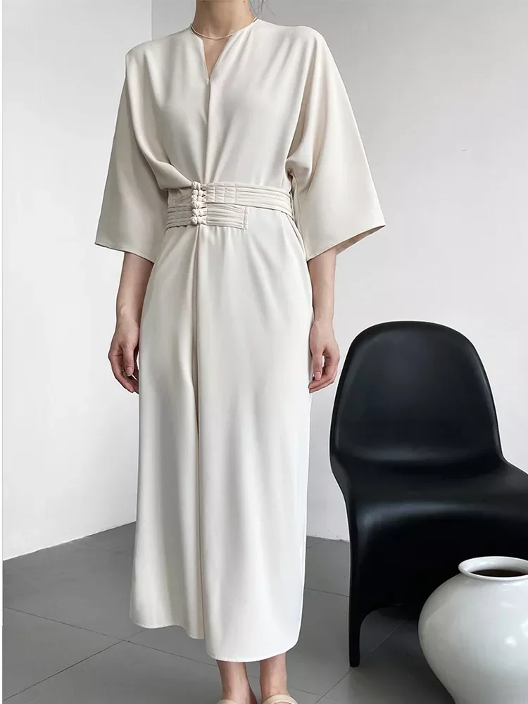 

NEW IN Solid Color V Neck Skirt Temperament Premium Disc Button Waist Tie Straight Dress Chinese National Style Improved Long D