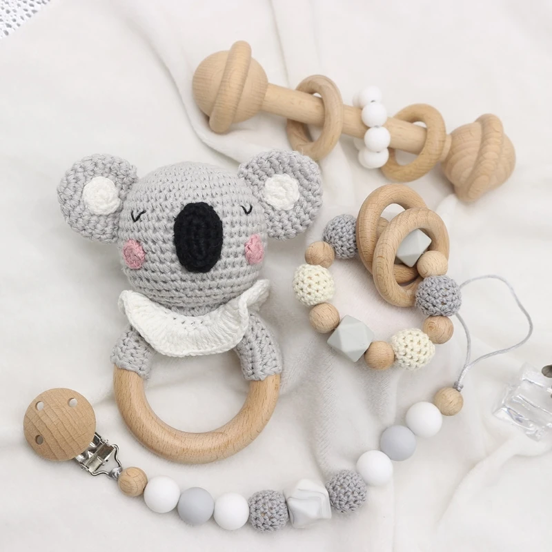

Baby Pacifier Clip Chain Holder Wooden Teething Bracelet Crochet Toy Rattle Soother Molar Infants Teether Newborn Shower