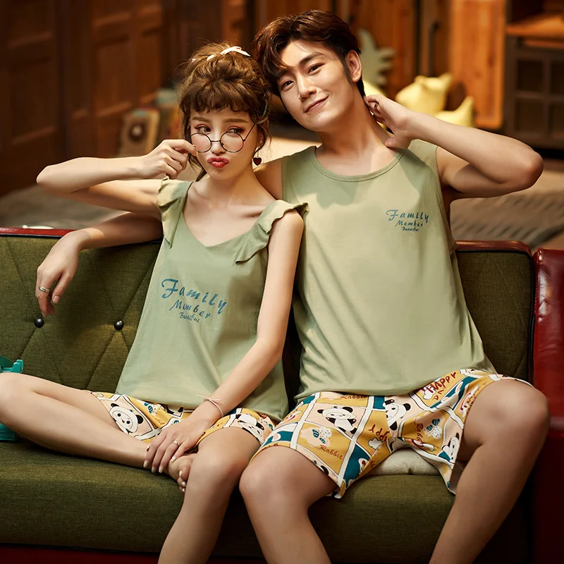 Летняя трикотажная Хлопковая пижама для пар жилет с мультяшным рисунком