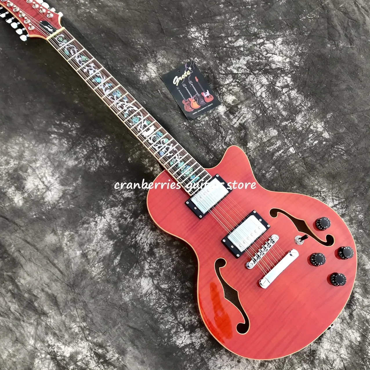 

Новинка 2021, 12 струн, джазовая гитара, Китайская Красная гитара, полый корпус, огненный верх, подставка из розового дерева, бесплатная доставка