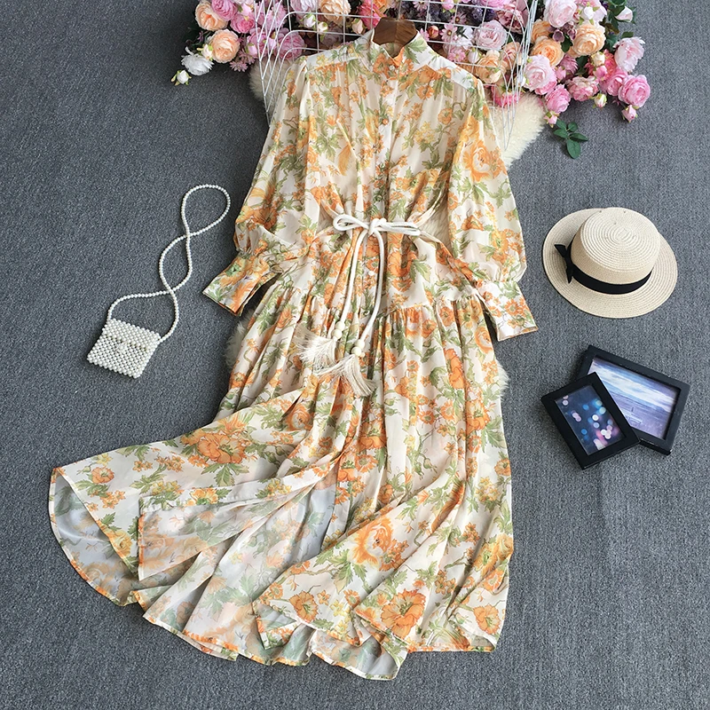 

SuperAen 2022 Spring Yellow Printing Turtleneck A-LINE Casual Ankle-Length Dresses for Women