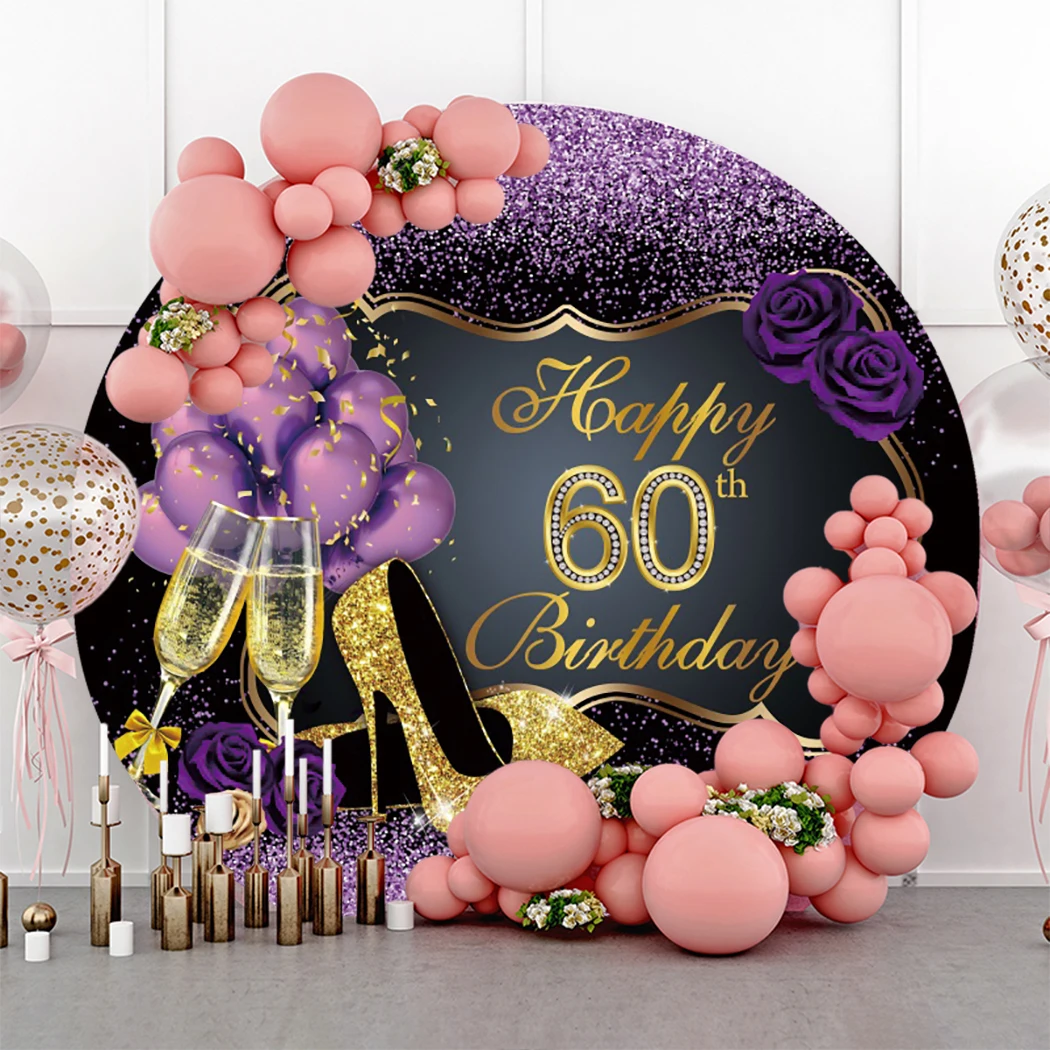 

Круглый черный фон Фиолетовый Блестящий женский цветок Шампань воздушный шар 60-й день рождения плакат фон реквизит круг баннер