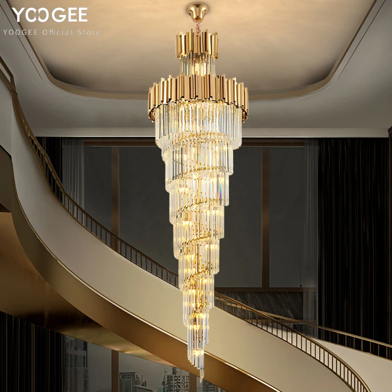 

Modern Ceiling Chandelier for Large Stair Crystal Hang Light Fixture Home Decor Gold Luxury Living Room Led Lustre Cristal Lamp