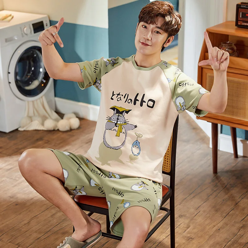 

Комплект из хлопка, мужские костюмы для отдыха, пижамы с круглым вырезом, лето 2021, большие мужские пижамы, полноразмерная Пижама, короткая од...