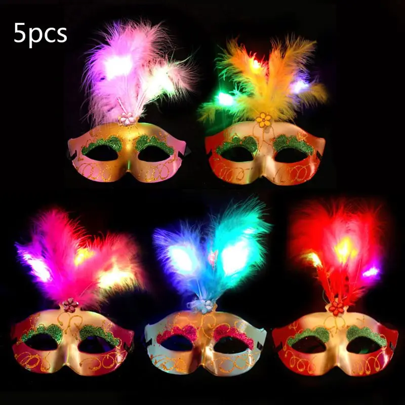 

5Pcs/Set Halloween LED Light Up Feather Mask Gold Shining Plated Masquerade Mardi Gras Glow in the Dark Half Face Cover Dance