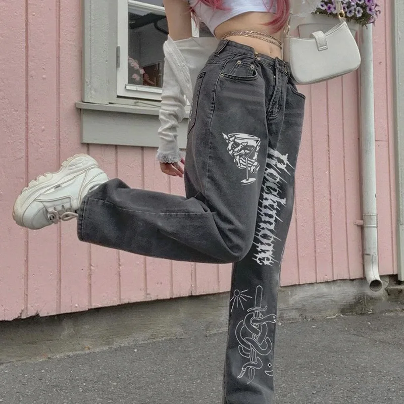 N GIRLS Gothic Street Jeans Women Hight Waist Wide Leg Pants Y2K Print Baggy Casual Straight Cargo Denim Female Korean Jean