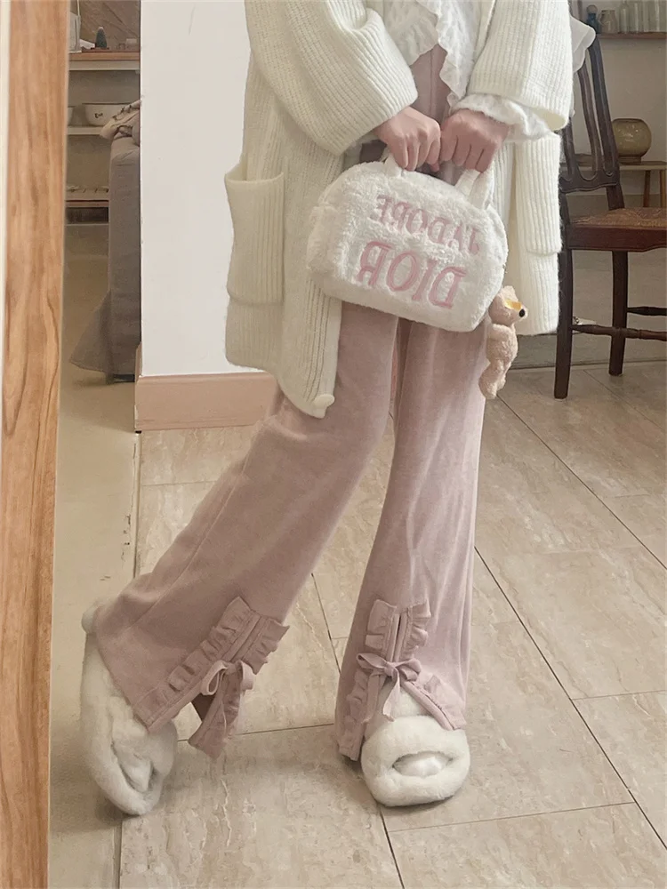 

QWEEK Korean Sweet Cute Pink Pants Women Japanese Style Lolita Ruffles Beige Trousers Female Girly Elegant Wide Leg Pantalon