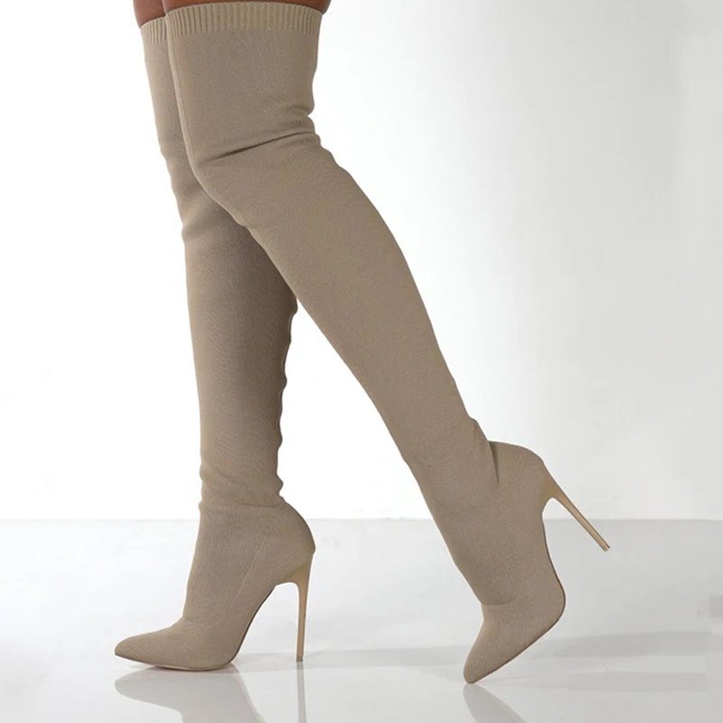 

Женские зимние сапоги выше колена, женская обувь на высоком каблуке без застежек, женские длинные сапоги с острым носком, размер