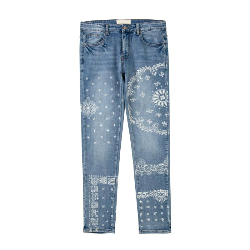 Mens High Street Paisley Print Denim Jeans Casual Hip Hop Distressed Jeans Slim Fit Skinny Denim Pants Joggers Streetwear Men