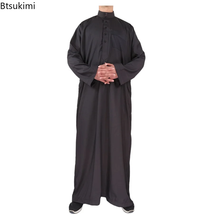 Muslim Fashion Men Jubba Thobe Black Long Sleeve Dress Ramadan Eid Dishdasha Arab Kaftans Robe Open Button Middle East Abayas