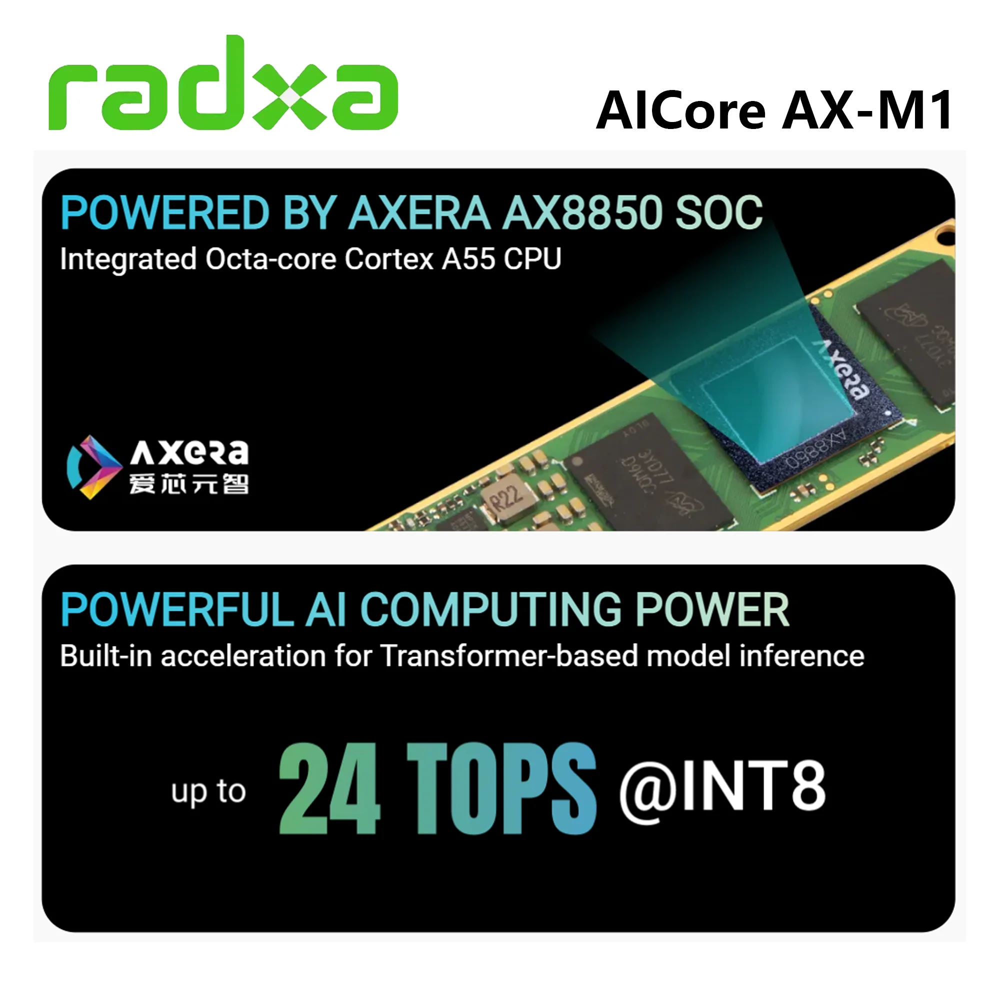 Фото Radxa AICore AX-M1 Axera AX8850 Модуль ускорения AI 24 TOPS@INT8, 8 ГБ ОЗУ LPDDR4X M.2 2280, совместимый с ROCK 5B+ Rock 5T №3