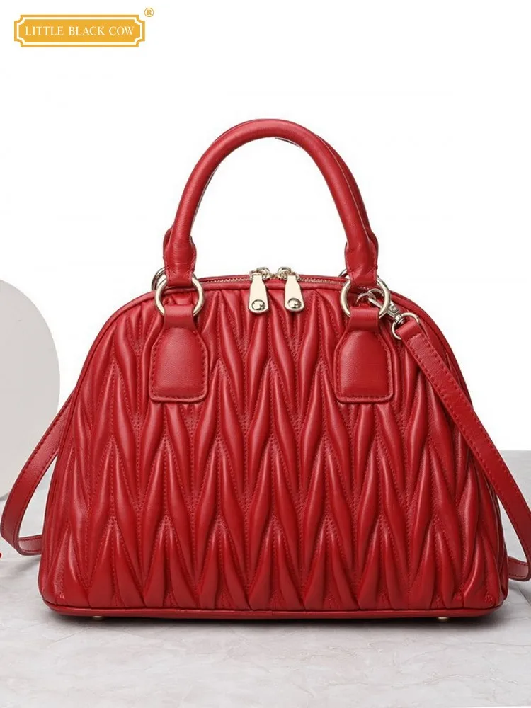 

New Women Pleated Shell Shape Sheepskin Genuine Leather Bag Strap Shoulder Bag Large Capacity Office Ladies Work Totes Handbag
