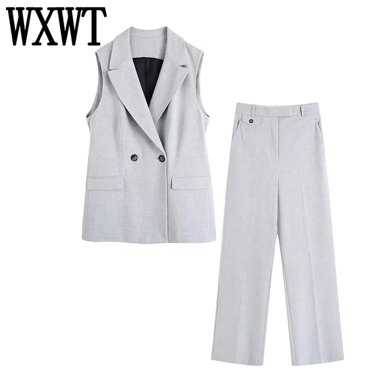 

WXWT Women Solid Double Breasted Sleeveless Vest With High Waist Straight Pants Office Lady Fashion 2 Piece Set BB22253