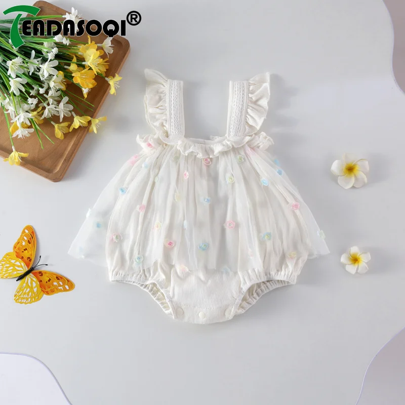 

Summer One-pieces Bodysuits 유아복 Kids Baby Girls Sling Flower Ruched Mesh Outdoor Clothing Infant Newborn Jumpsuits Toddler