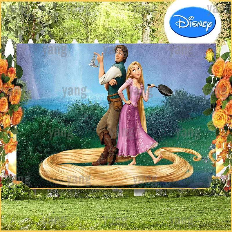 Cartoon Disney Tangled Rapunzel Blond Princess Birthday Photo Backdrop Kids Shower Party Girls Valley Lake Background Banner