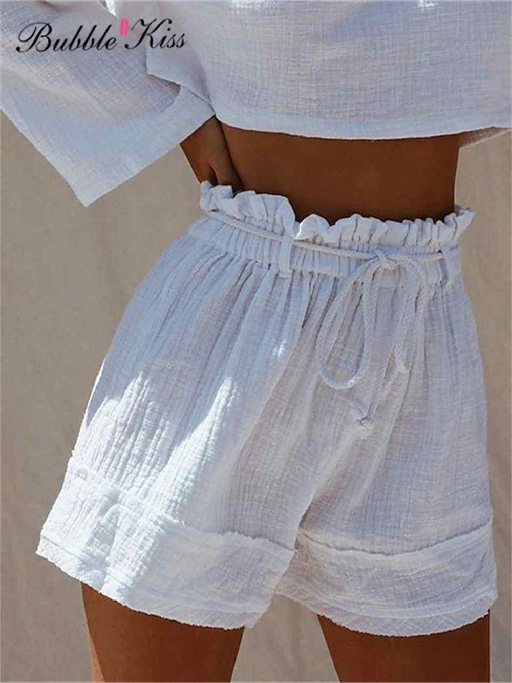 

Шорты BubbleKiss женские с широкими штанинами, модные однотонные льняные штаны в стиле пэчворк, с карманами, на шнуровке, повседневные милые, на лето