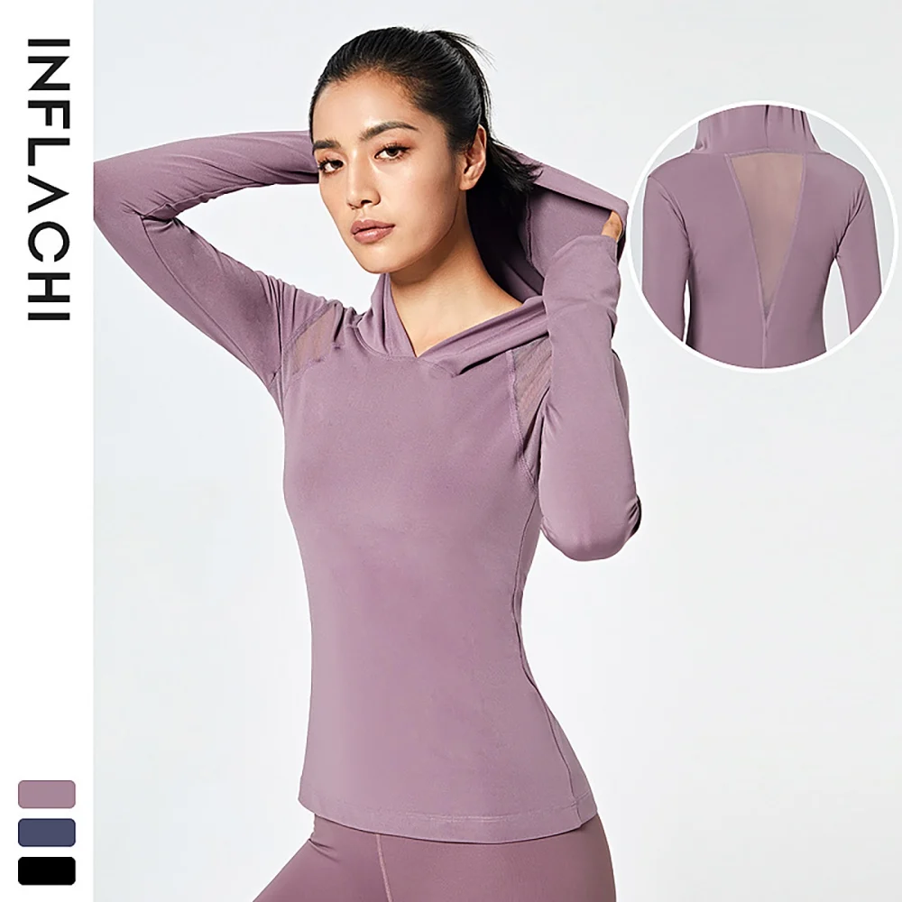 

Women Slim Yoga Sweatshirt Mesh Breathable Long Sleeve Hooded Thumbholes Hiking Running Pullover