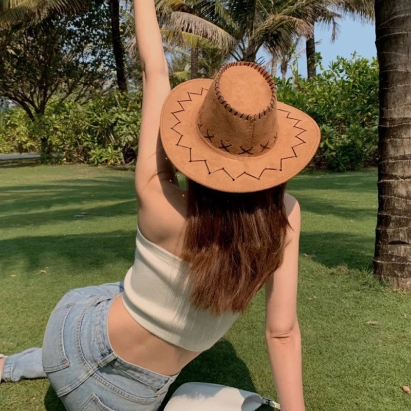 

Unisex Western Cowboy Hat with Rope Wide Brim Trendy Suede Fabric Jazz Hat Windproof Wild for Chilly Outdoor Activities