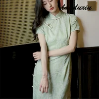 2022 summer slanted lapel buckle traditional improved cheongsam mid length waist retro dress temperament cheongsam women landuxi