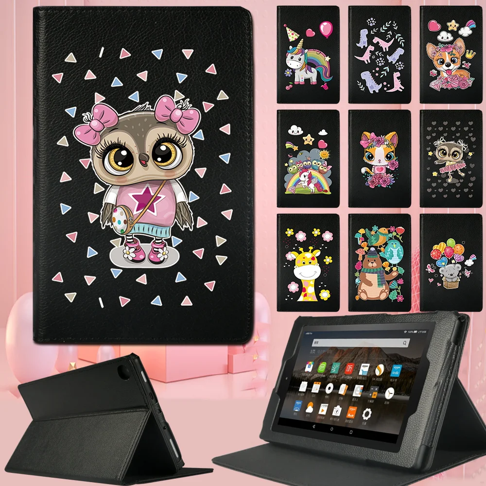 

For Fire HD 10/HD 8/Fire 7 Cartoon Series Tablet Case Drop Resistance Cute Style Folding Leather Stand Cover Shell + Free Stylus