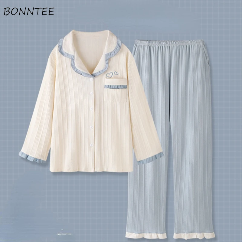 

Pajama Sets Women Long Sleeve Breathable Casual Kawaii Japanese Style Sweet Spring All-match Simple Baggy Soft Cozy Elegant Chic