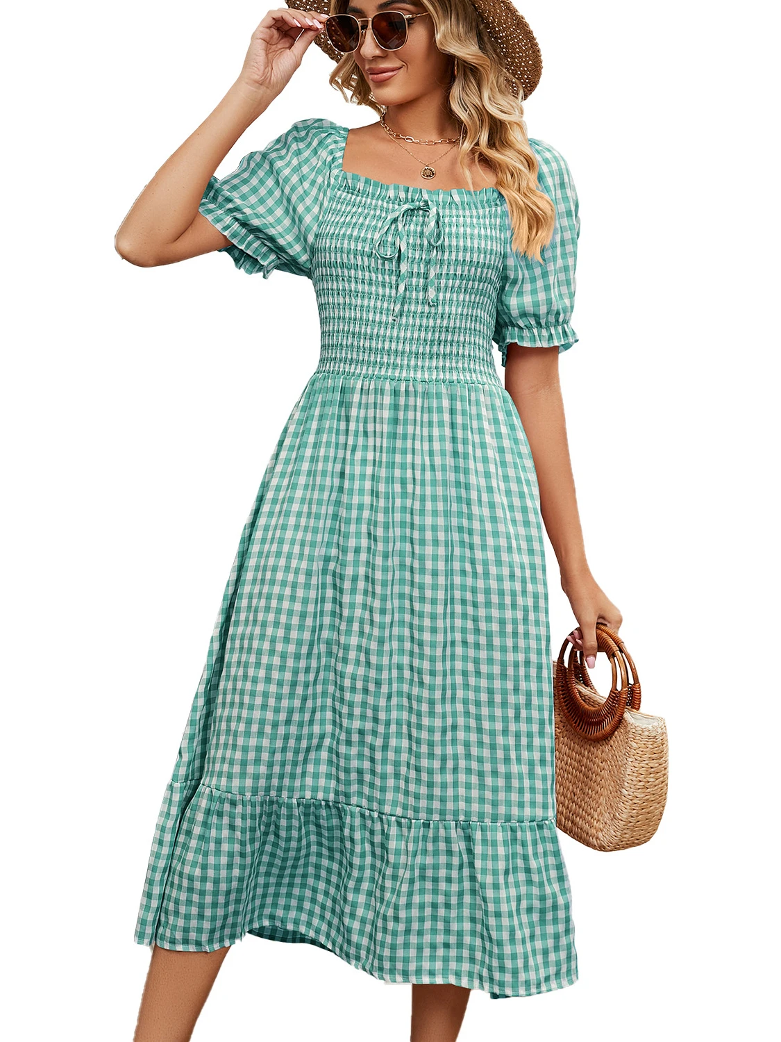 

Women Short Sleeve Square Neck Strip Long Dress