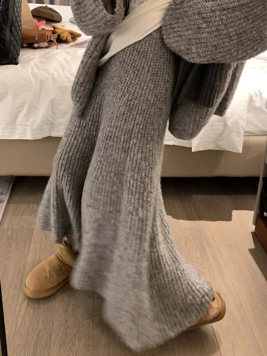 Свободный вязаный костюм женский зимний кардиган 2024 свитер эластичный шерстяной