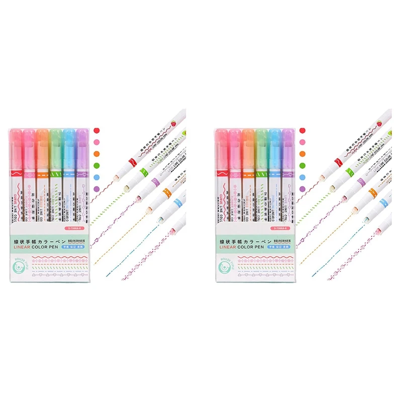 

12 Piece Curve Highlighter Set With 6 Different Curve Shape Tip Pens, Colorful Curve Pens, Highlighter, Various Colors