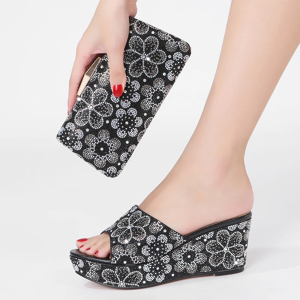 

2022 Womens Platform Heels New Style Banquet Crystal Shoes 43 Large Fashion Summer Women Blue Purple Green Silver Shoe Bag Set