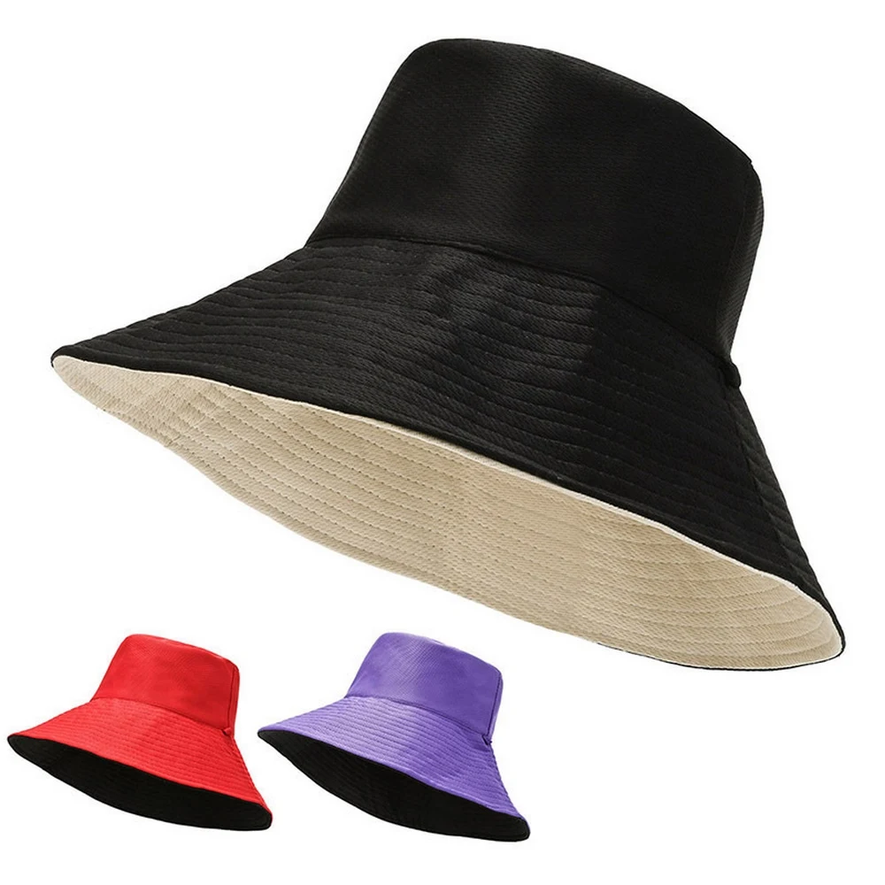 Four Seasons Female Bucket Hats Sunhats For Women Double-Sided Wear Solid Color Design Cotton 12cm Brim Anti-UV Outdoor Beach