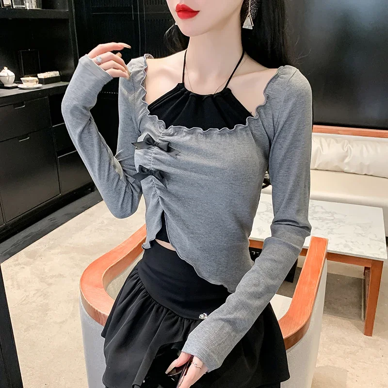 Женские милые футболки с длинным рукавом укороченные топы-туника бантом