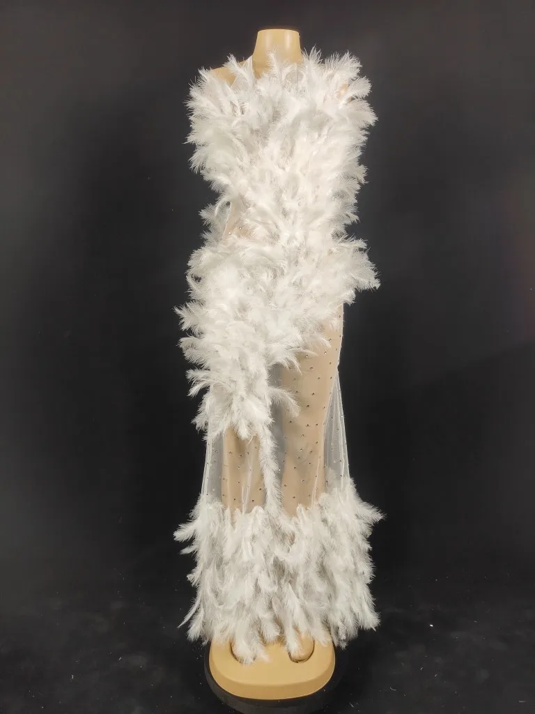 

Длинное платье с перьями и стразами, эластичное платье в стиле фонарик, длинное вечернее платье для выступлений, для взрослых, белого цвета