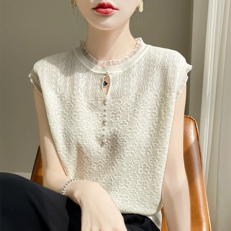 Милый нежный женский камвольный шерстяной топ французский кружевной пуловер с