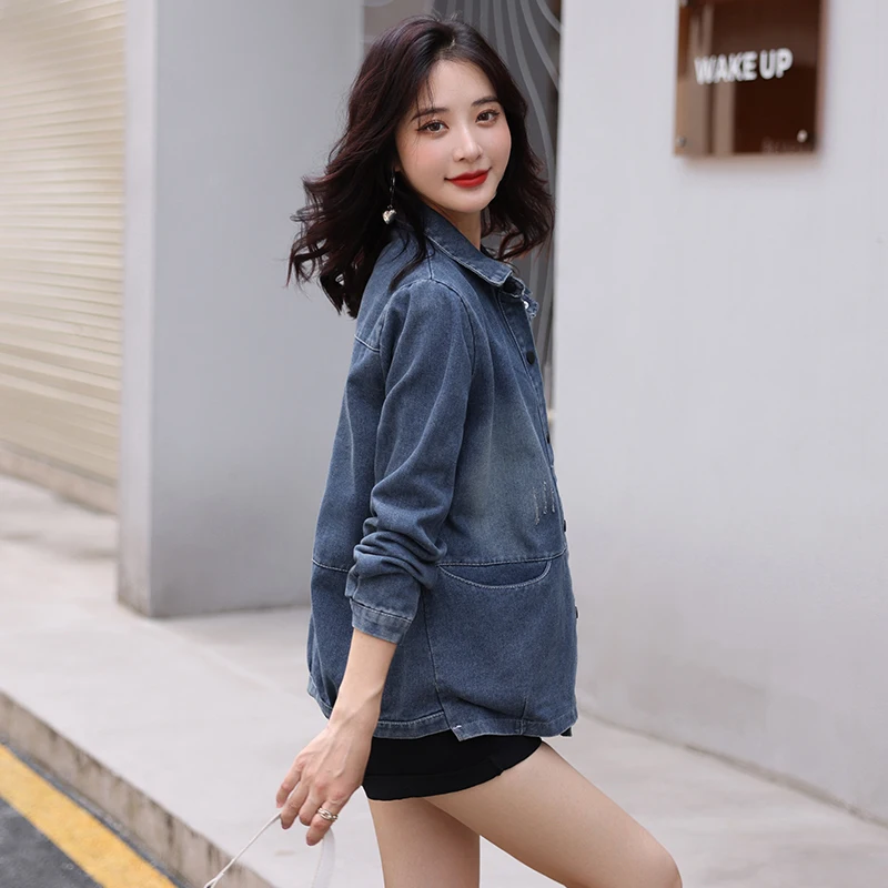 Women Denim Jacket Korean Single Breasted Long Sleeve Coat Jean Solid Vintage Outwears High Street Chic images - 6