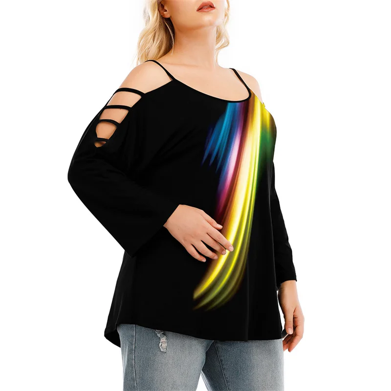 Colorful Curvy Plus Size Ladder Cutout T Shirt Fashion Trend Big Sizes Womans Tops Long Sleeve Bulk Woman Clothing Wholesale