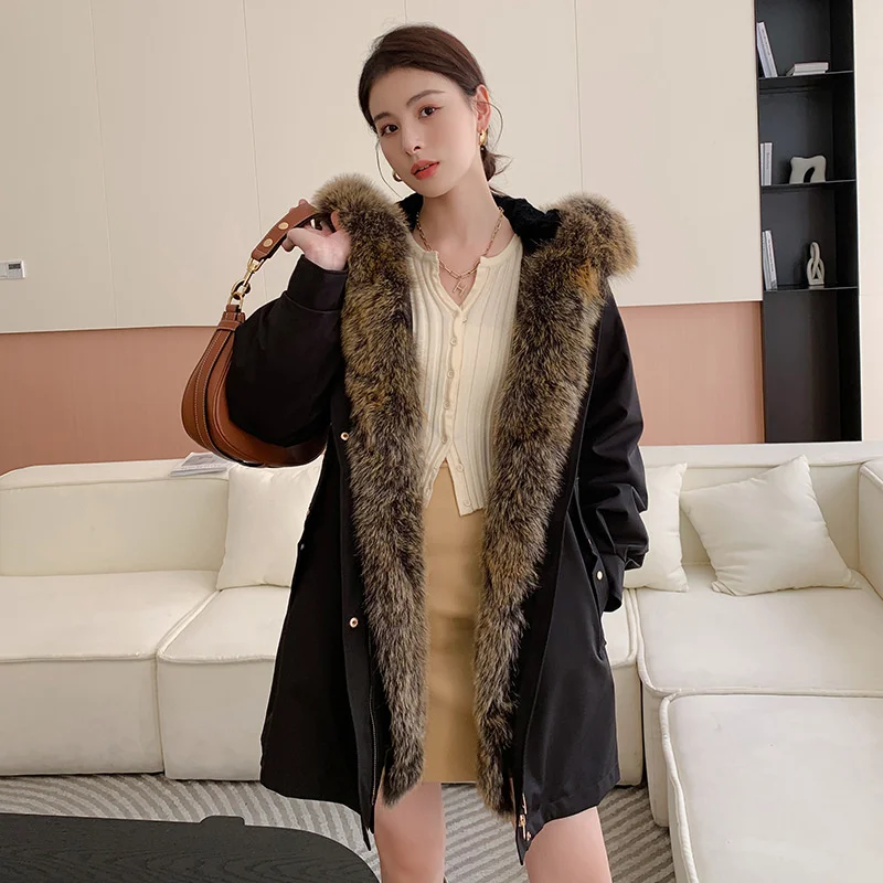 

Hooded Parkas For Women's Winter Rabbit Fur Inner Liner Middle Long Loose Overcome Fox Fur Collar Drawstring Waist Warm Jackets