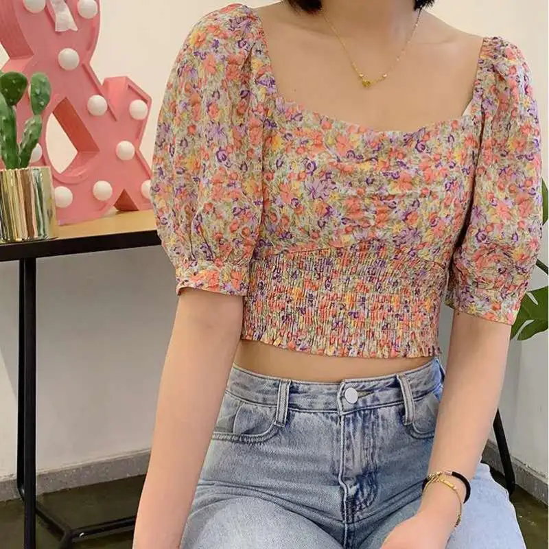 Women Casual Sexy Crop Tops Floral Printed Pattern Short Sleeves Pullover Dark Green/ Purple/ Apricot/ Black/ Orange