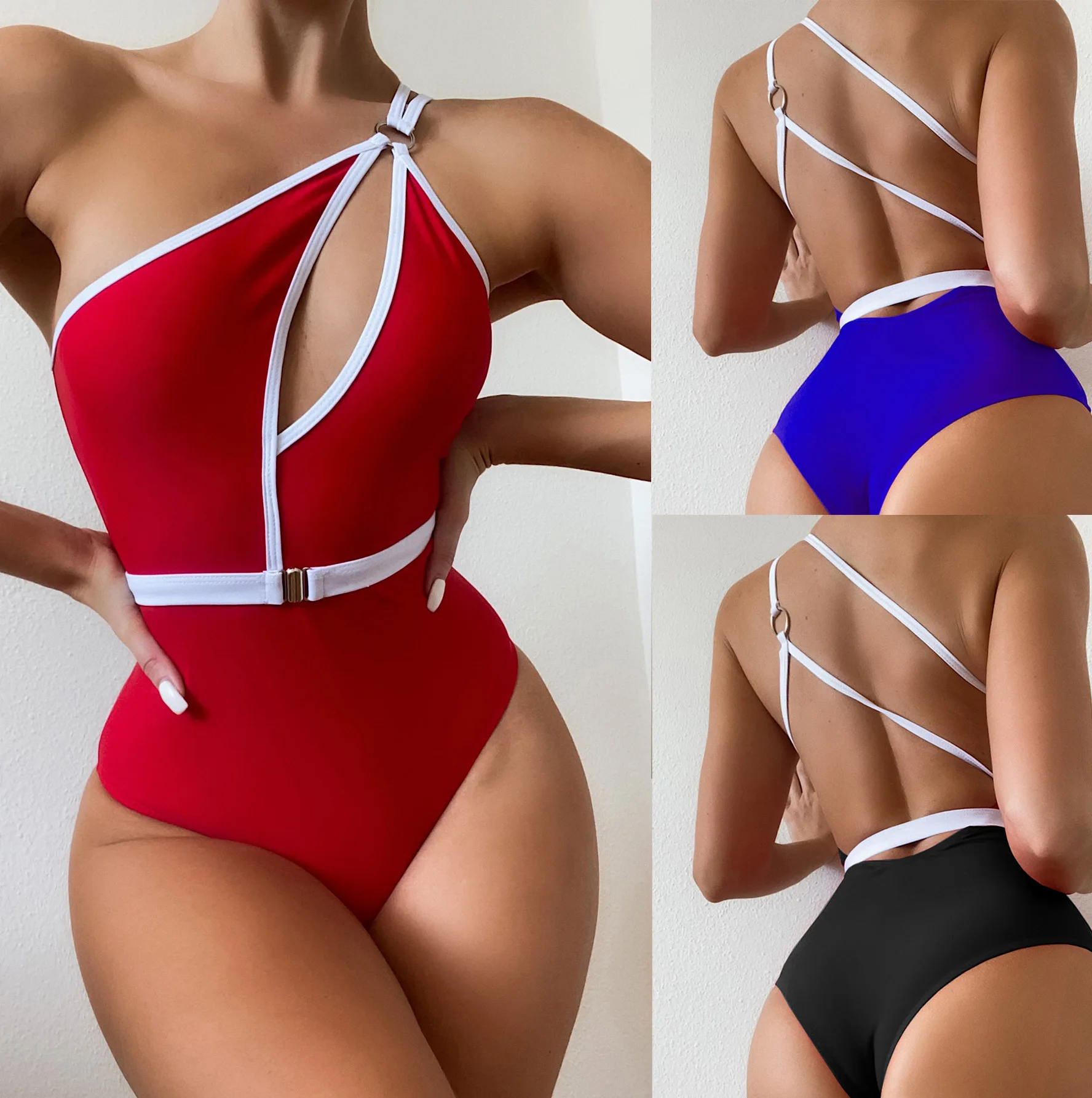 

Hollow Out One Shoulder Swimwear Women 2022 Sexy One Piece Swimsuit Female High Waist Monokini Solid Belt Bathing Suit