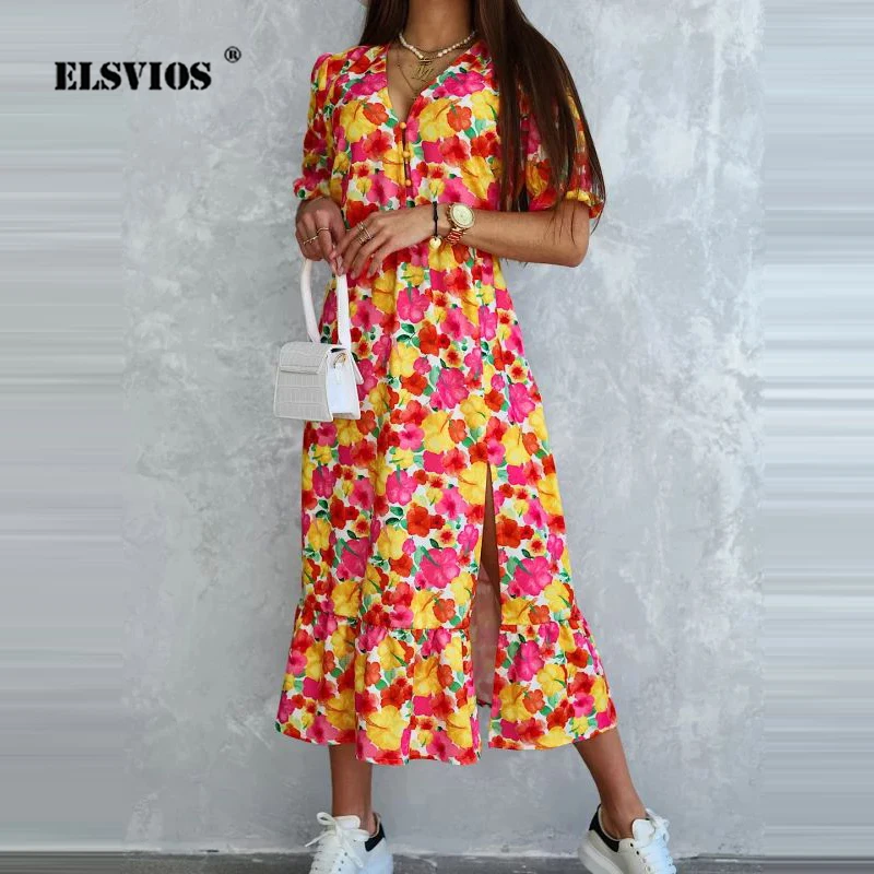 

Женское платье-миди с цветочным принтом, V-образным вырезом и пуговицами