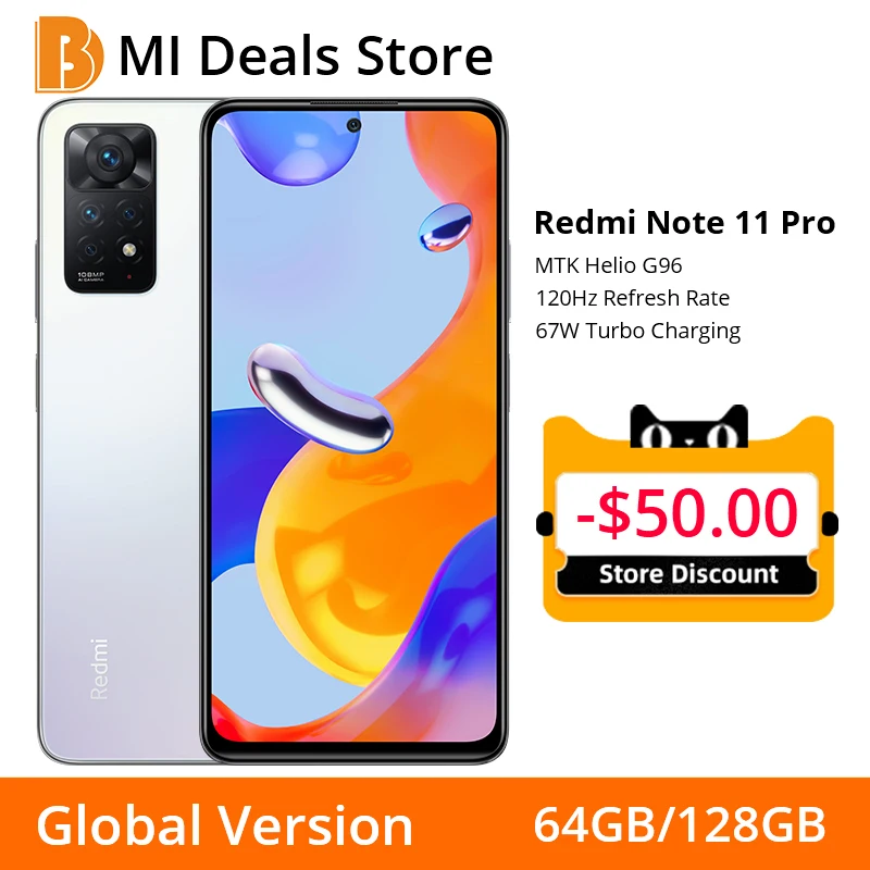 

Global Version Xiaomi Redmi Note 11 Pro 64GB/128GB Smartphone MediaTek Helio G96 Octa Core 108MP Quad Camera 67W Turbo Charging
