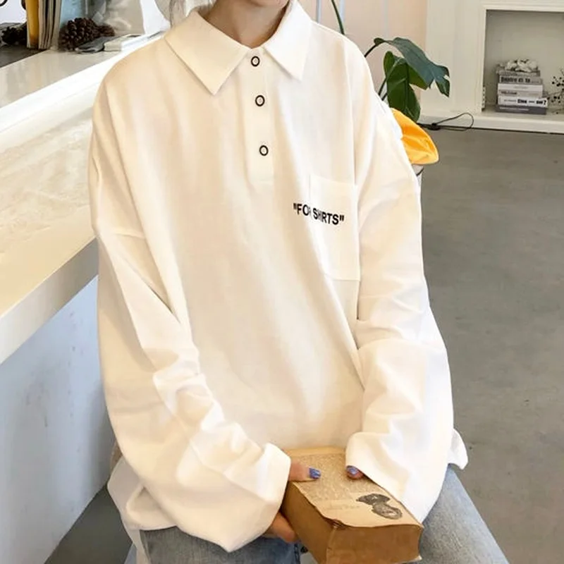 

QWEEK Autumn Japanese Harajuku Polo T-shirt 2021 Fashion Korean Style Long Sleeve Tees Female White Tops BF Kpop Clothes