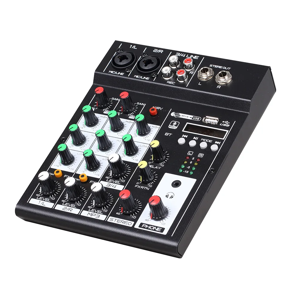 

4 Channel Audio Mixer Reverb Effect 3-band EQ Sound Console MP3 Playback BT Console Digital Audio Mixer DC 5V Power Supply